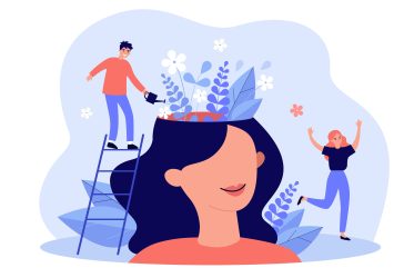 Personnages animés arrosant des plantes qui poussent dans la tête d’une femme, symbole de bien-être mental et de développement personnel.