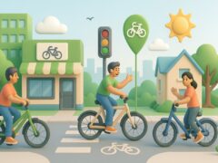 Trois personnes à vélo traversent un passage cyclable dans une ville verte, sous un ciel ensoleillé.