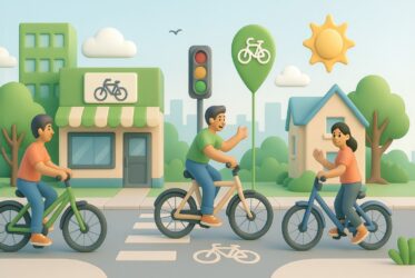 Trois personnes à vélo traversent un passage cyclable dans une ville verte, sous un ciel ensoleillé.