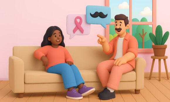 Deux collaborateurs échangent sur un canapé, évoquant Octobre Rose et Movember, symbolisés par un ruban rose et une moustache dans des bulles de dialogue.