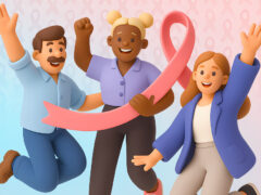 Trois collaborateurs enthousiastes tenant un ruban rose, symbole de mobilisation autour d’Octobre Rose et Movember.