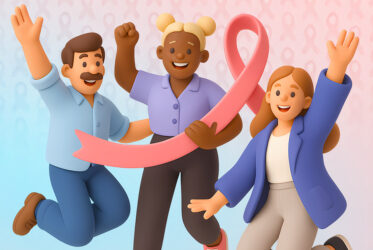 Trois collaborateurs enthousiastes tenant un ruban rose, symbole de mobilisation autour d’Octobre Rose et Movember.
