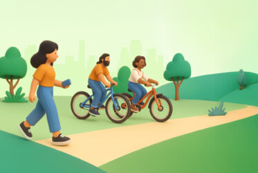 Collaborateurs marchant ou se déplaçant à vélo dans le cadre d’un challenge mobilité en entreprise